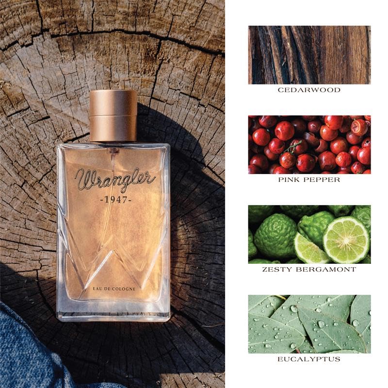 Wrangler 1947 cap closeup highlighting cedarwood note for rugged scent storytelling