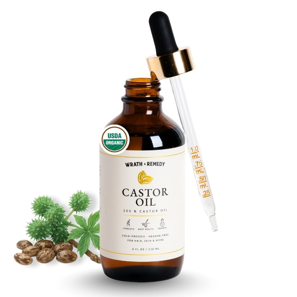 Wrath & Remedy castor oil bottle highlights organic cold-pressed formula for versatile hair and skin care.