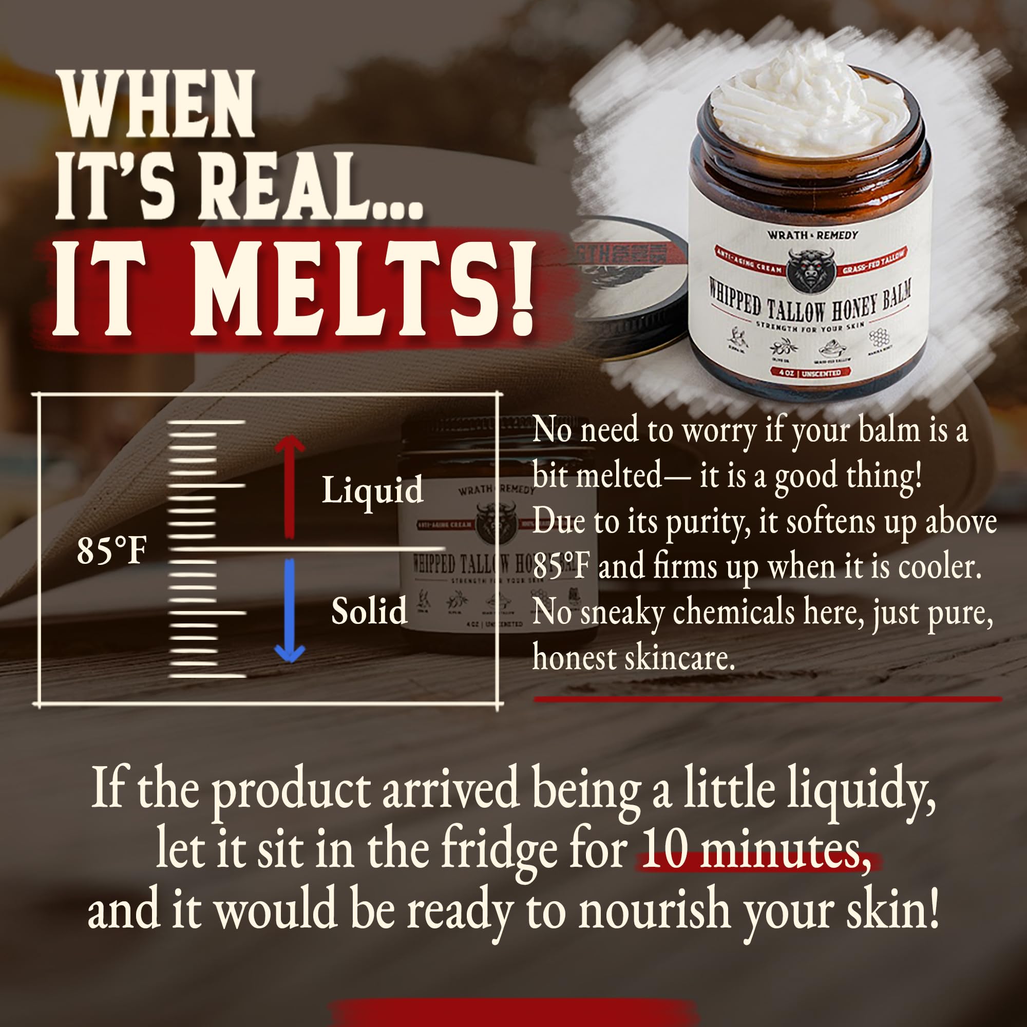 Wrath & Remedy grass-fed tallow ingredients closeup highlighting natural fats and emollients