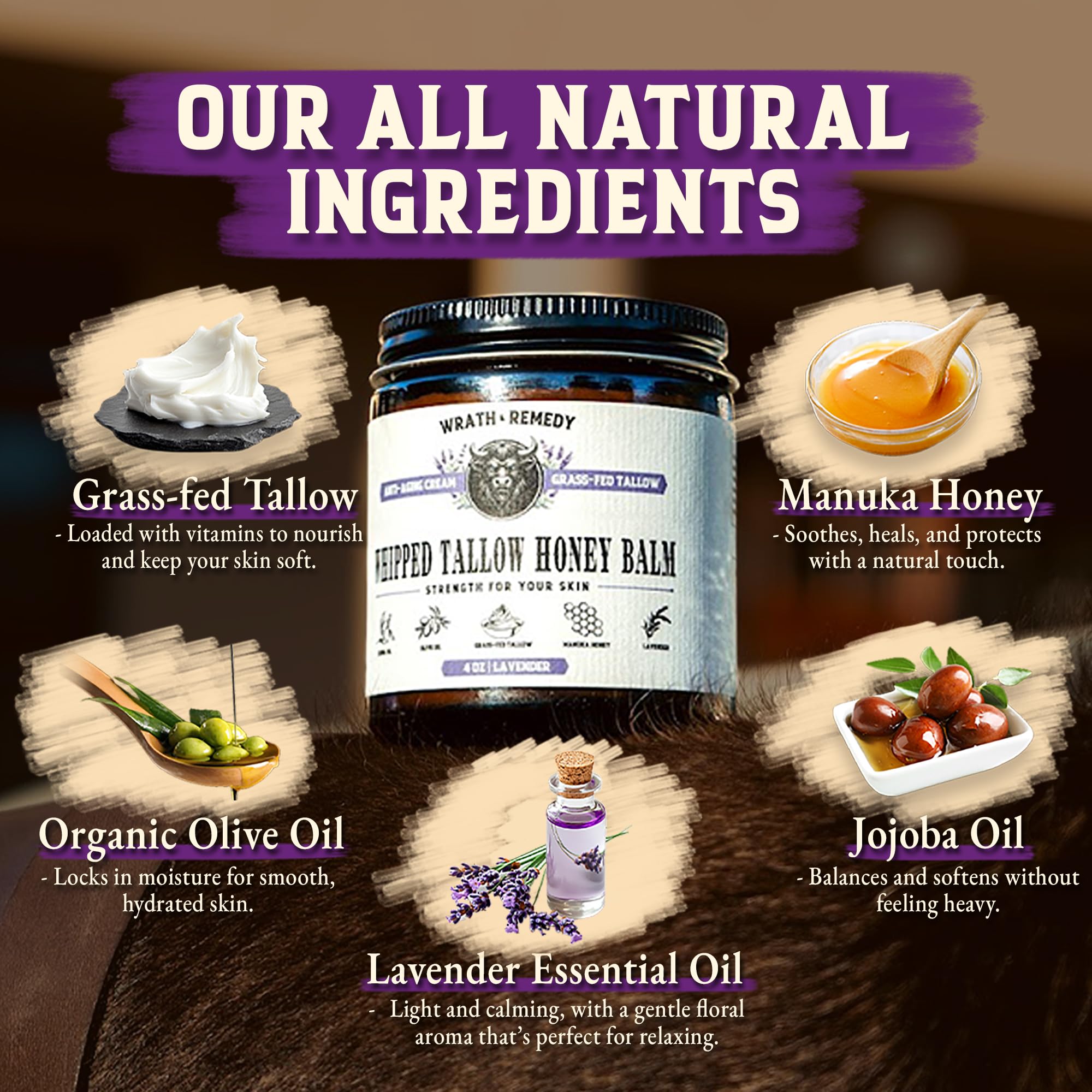 Wrath & Remedy ingredients: Manuka honey and lavender for natural skin nourishment.