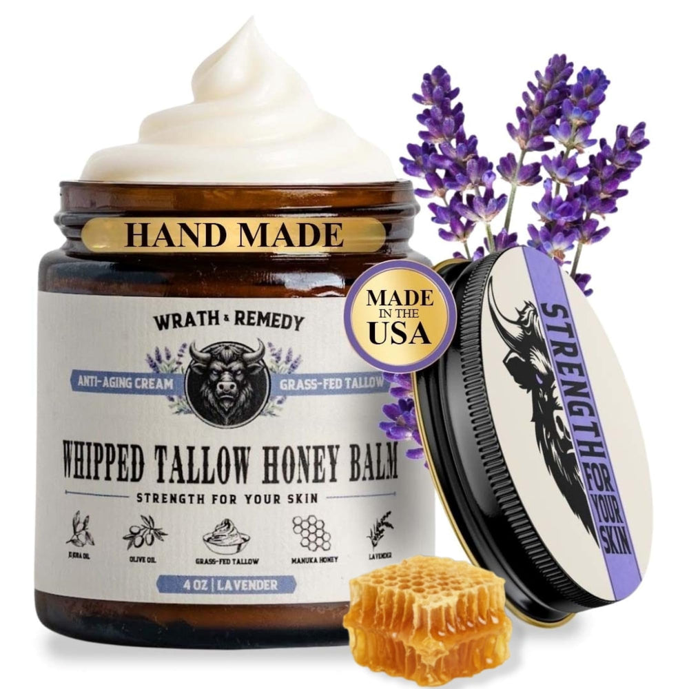 Wrath & Remedy lavender tallow packaging shows premium, US-made skincare packaging for sensitive skin.