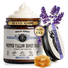 Wrath & Remedy lavender tallow packaging shows premium, US-made skincare packaging for sensitive skin.