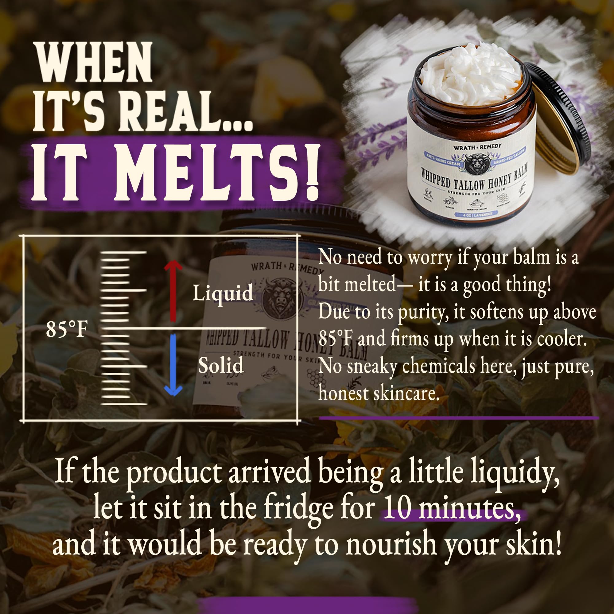 Wrath & Remedy skin-softening close-up emphasizes soothing lavender balm for comfort.