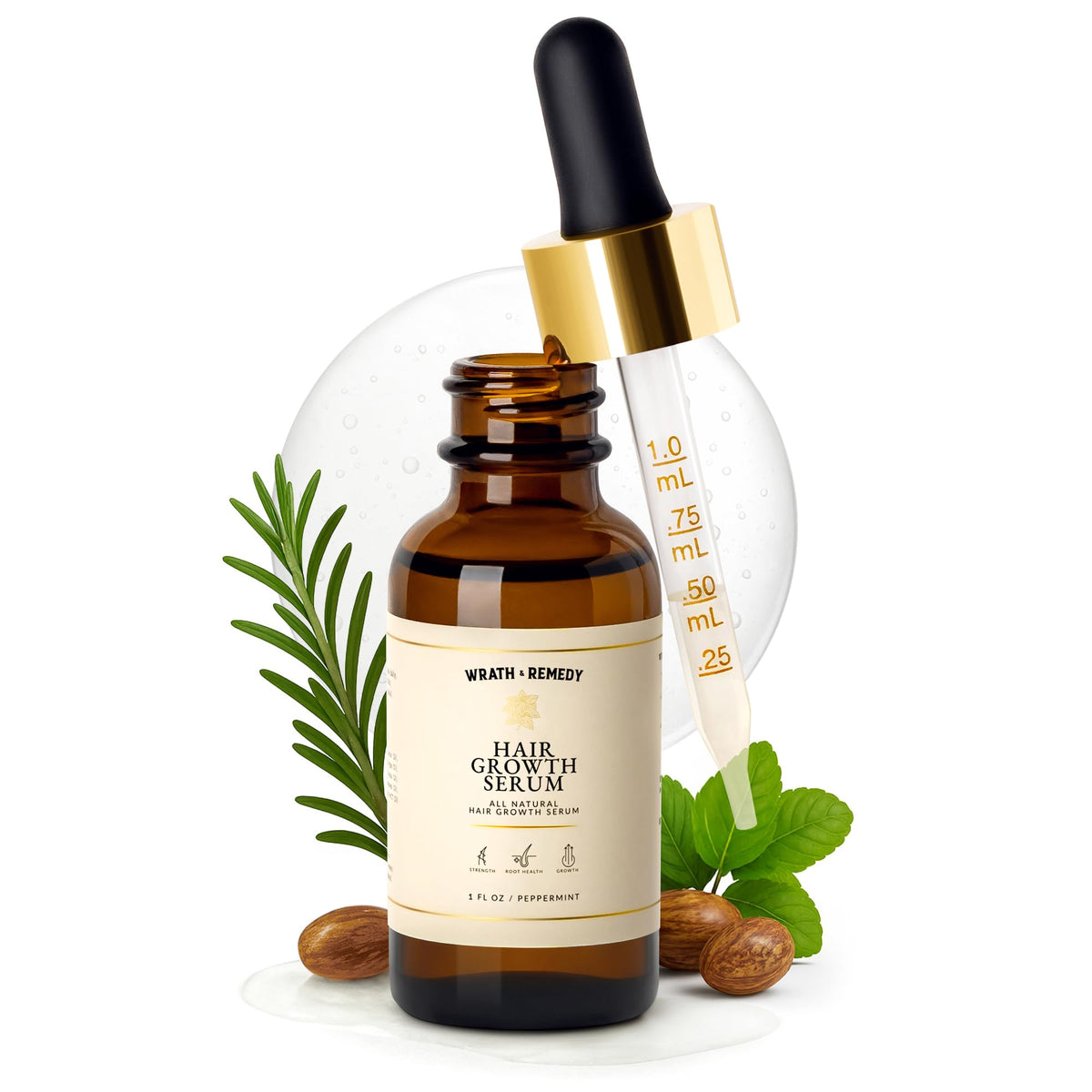 Wrath & Remedy Tricho10 bottle closeup highlights organic scalp care for healthier roots.