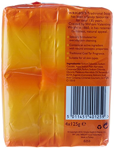 Wright's coal tar soap 4-pack label detail highlights traditional ingredients.