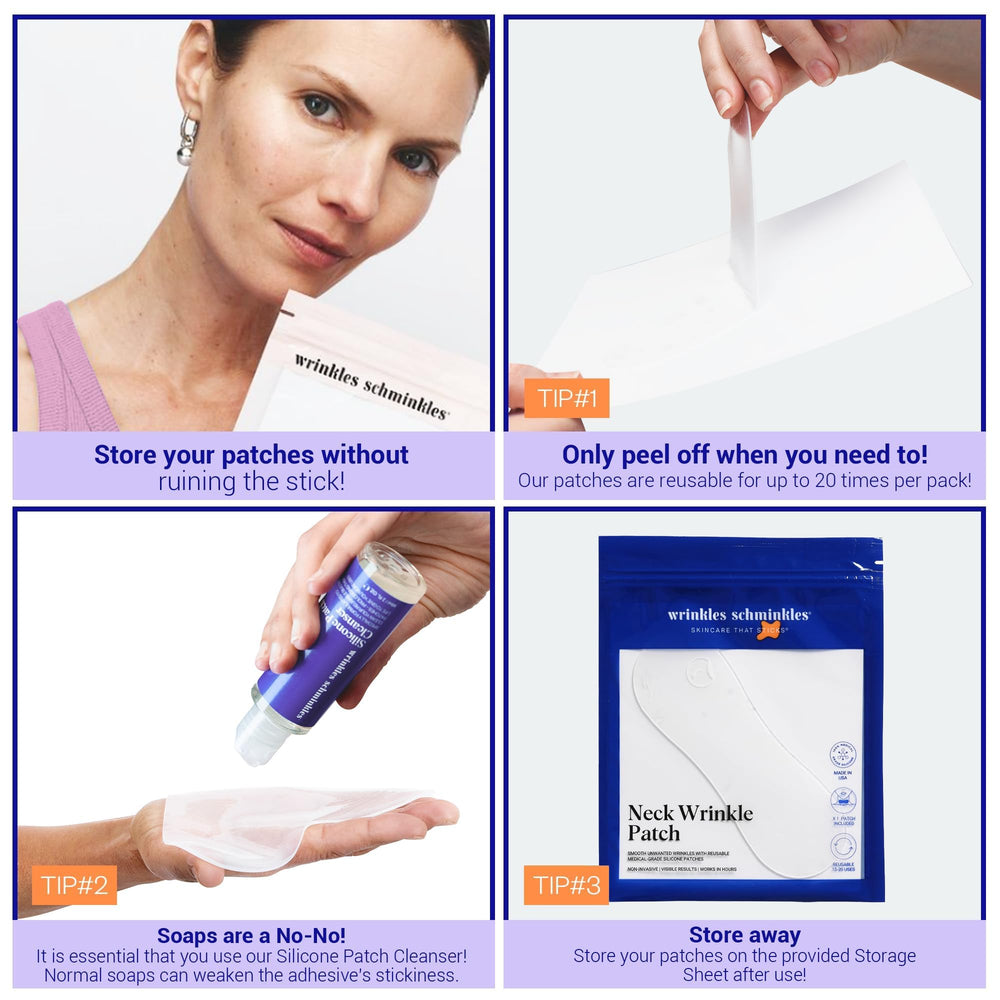 Wrinkles Schminkles neck-patch-on-skin demonstrates gentle, non-invasive neck smoothing overnight.