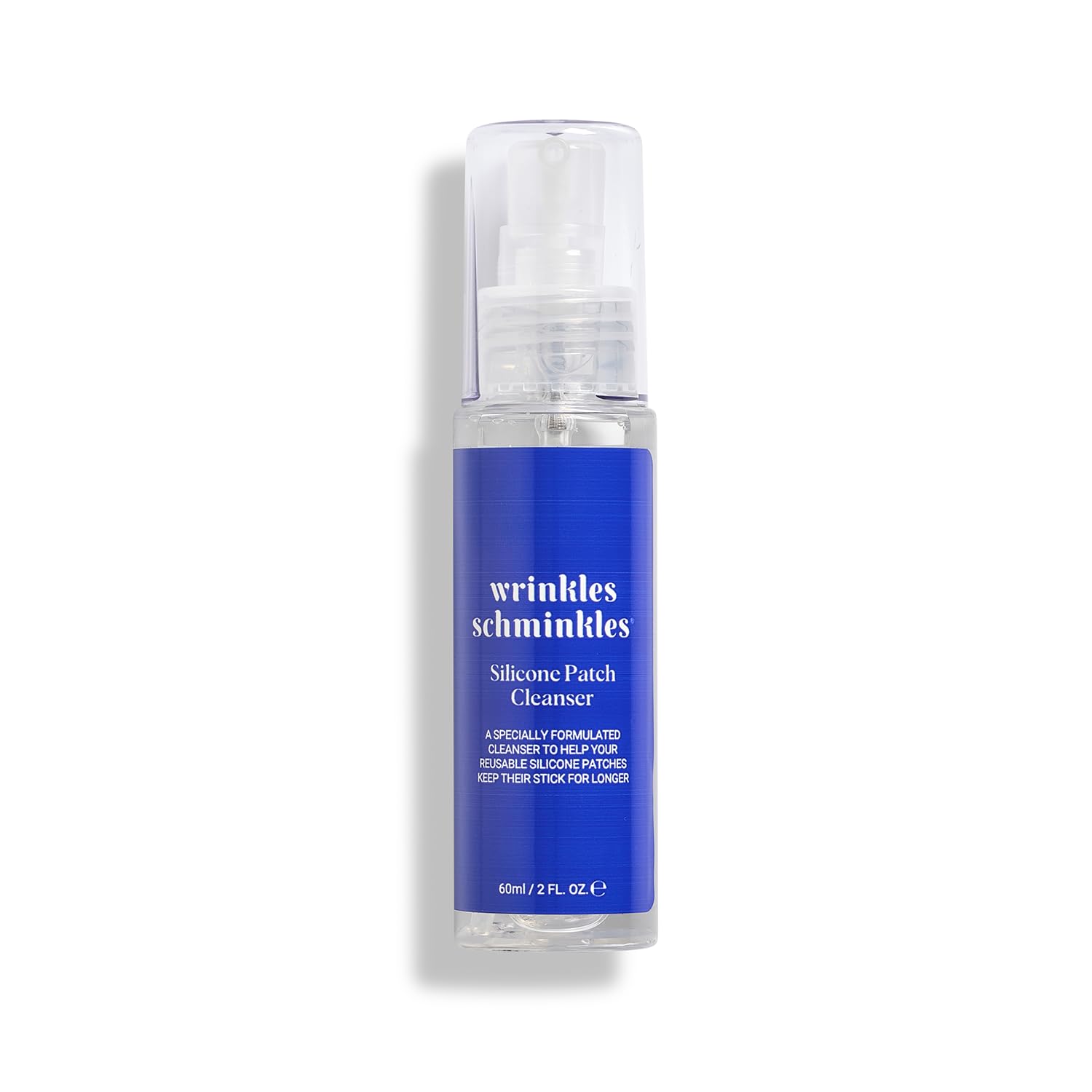 Wrinkles Schminkles Patch Cleanser bottle pouring demonstrates gentle adhesive-preserving cleansing for silicone patches