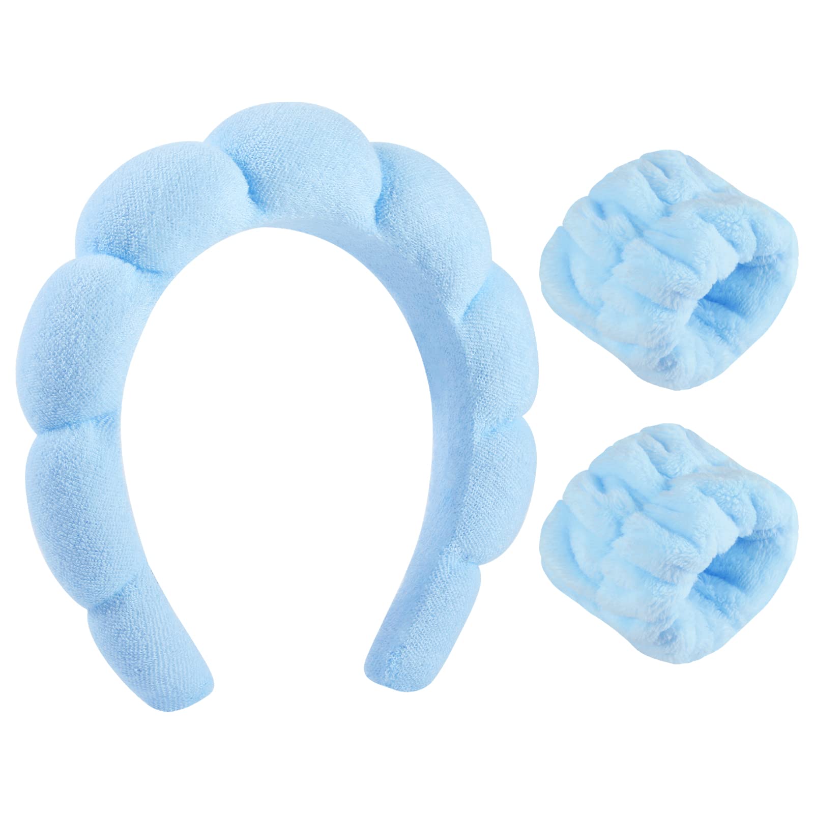 WSICSE Sponge Spa Headband in blue with flower-cloud design for makeup and skincare routines