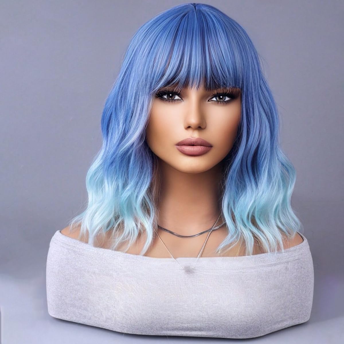 WTHCOS Ombre Blue Wig with short curly bangs for daily wear and cosplay