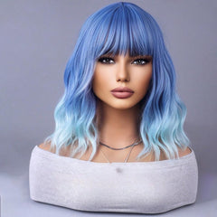 WTHCOS Ombre Blue Wig with short curly bangs for daily wear and cosplay