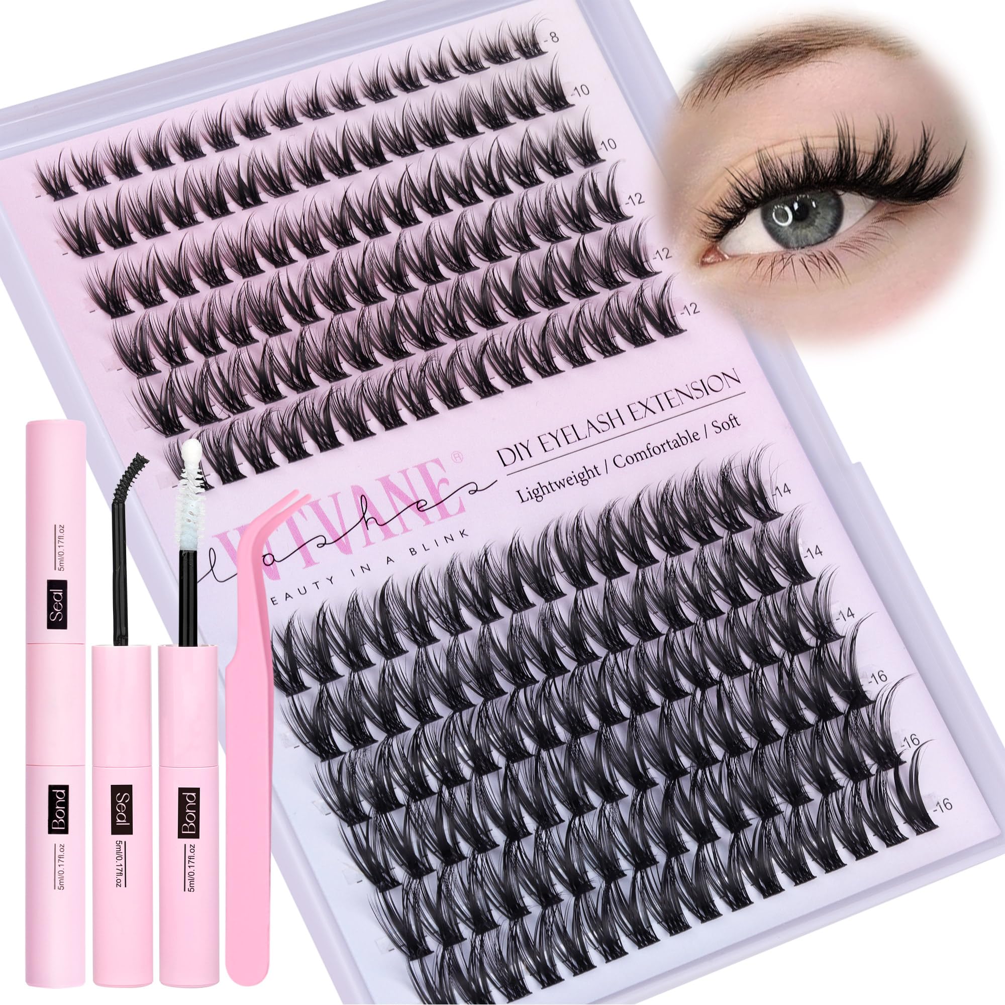 Wtvane Fairy Lash Clusters Kit contents with 192 clusters and tools for DIY lashes