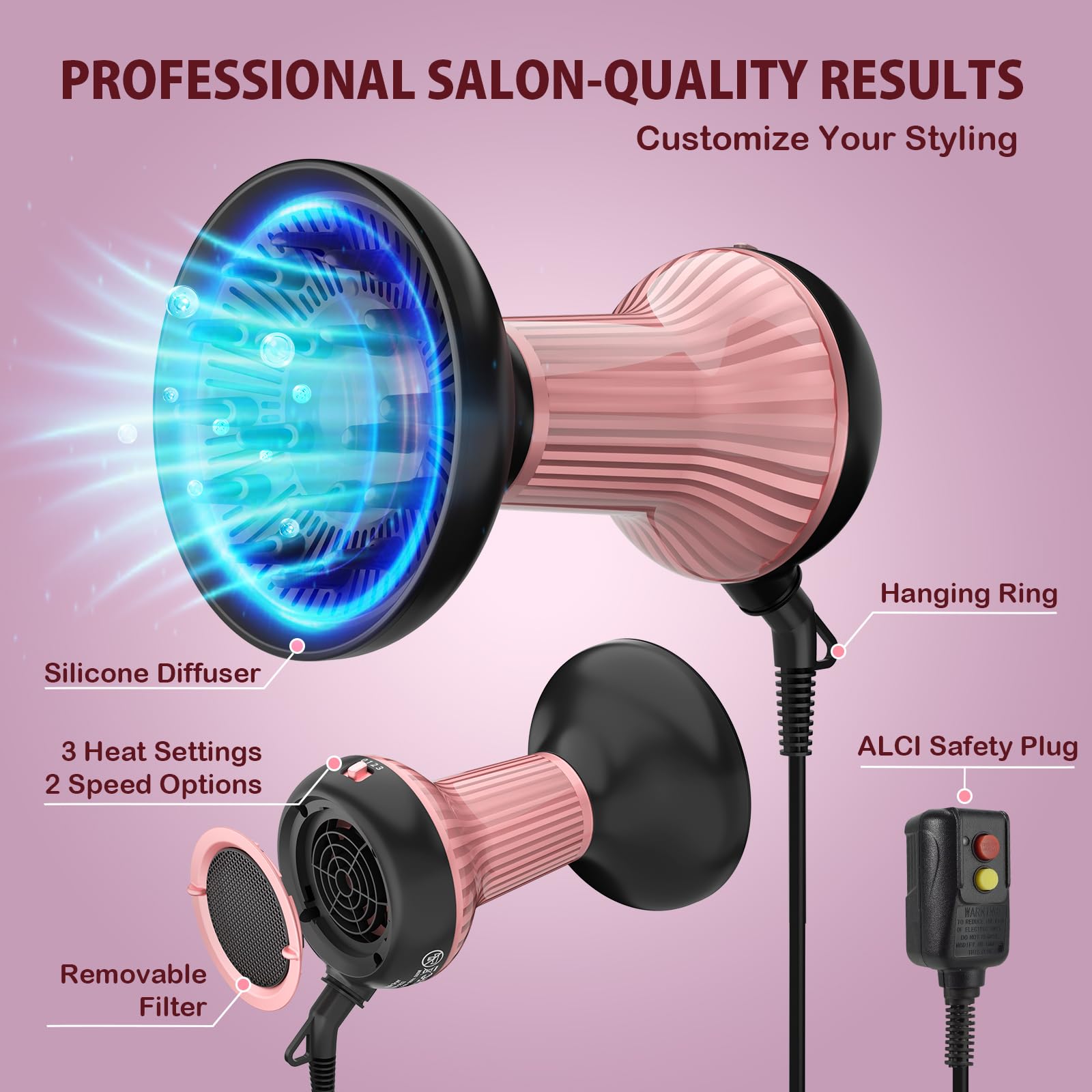 WUFAYHD ionic diffuser closeup emphasizes ion technology for smoother finish