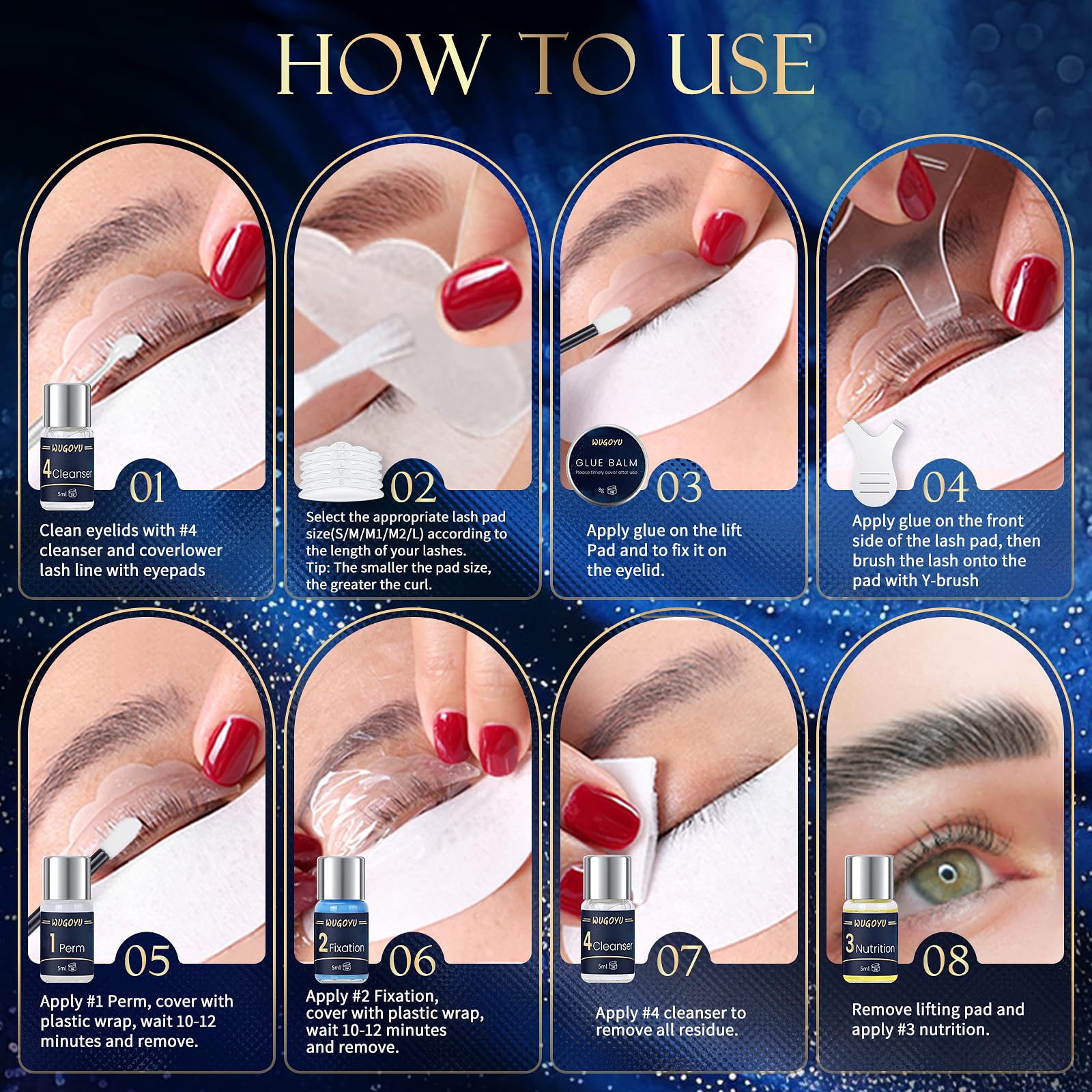WUGOYU lash lift kit nourishing serum highlights lash care during lift.