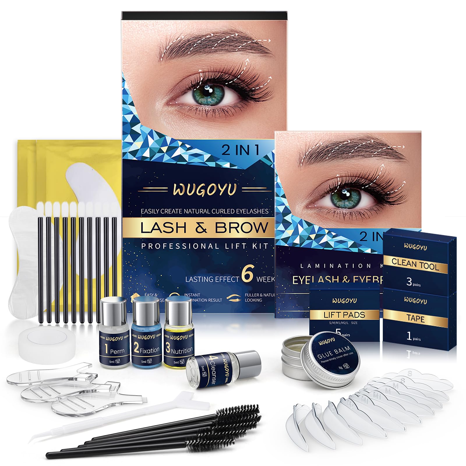 WUGOYU lash lift kit setup demonstrates at-home curling with durable glue hold.