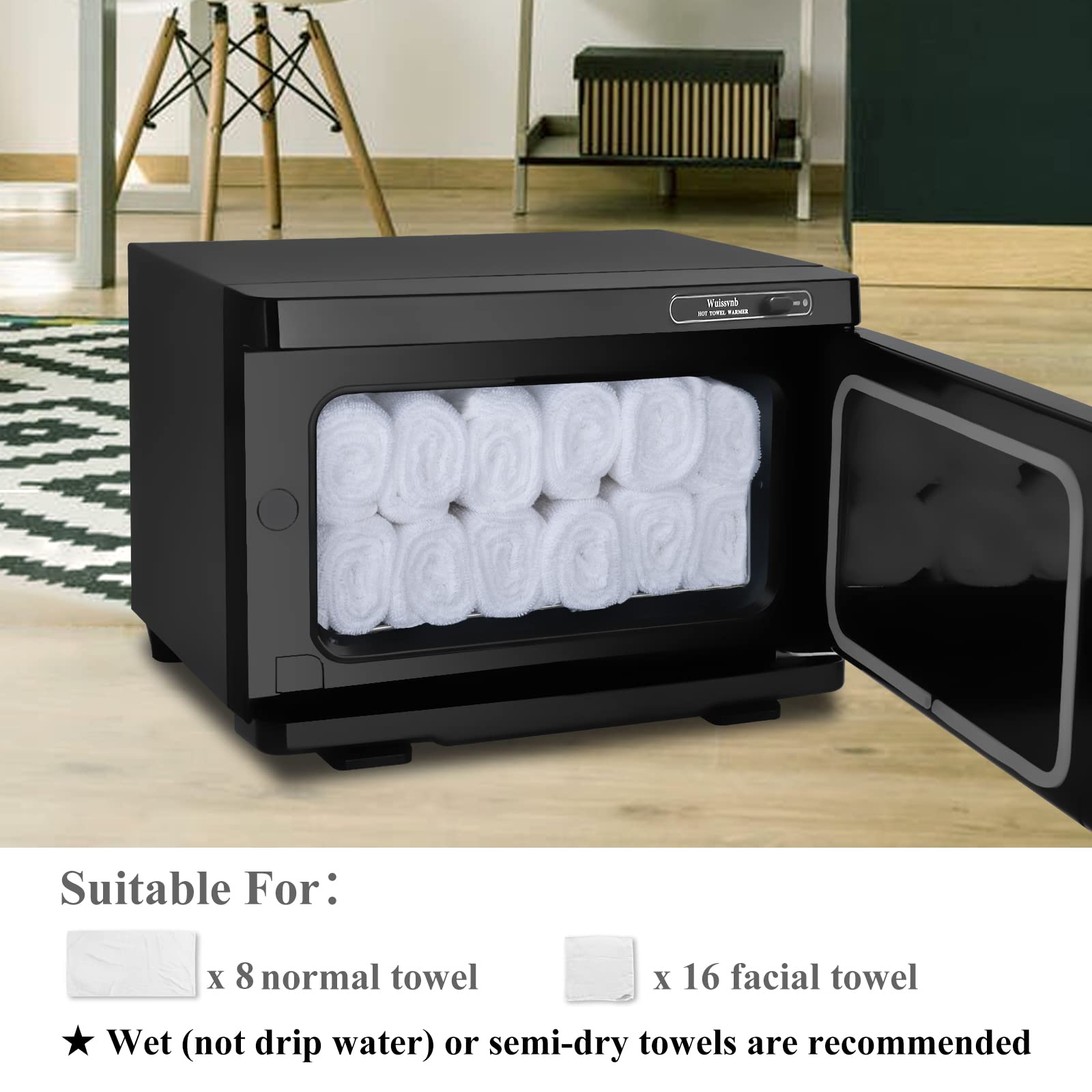 Wuissvnb 8L towel warmer exterior dimensions show compact footprint for small spaces.