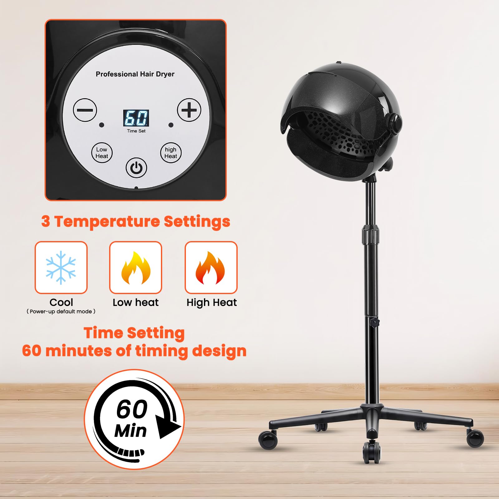 Wuissvnb hooded dryer height-adjustable stand supports versatile client positioning.
