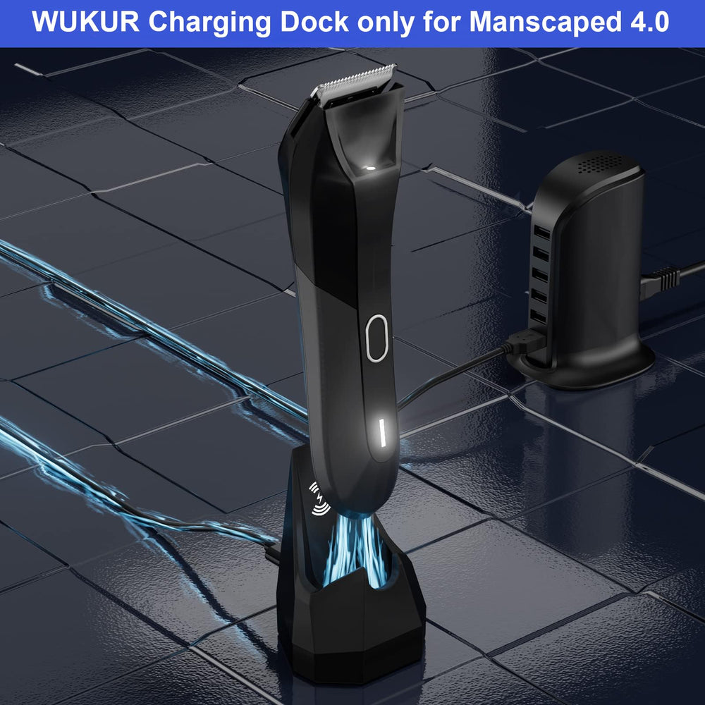 WUKUR charging dock in use with Manscaped 4.0 demonstrates easy grooming readiness