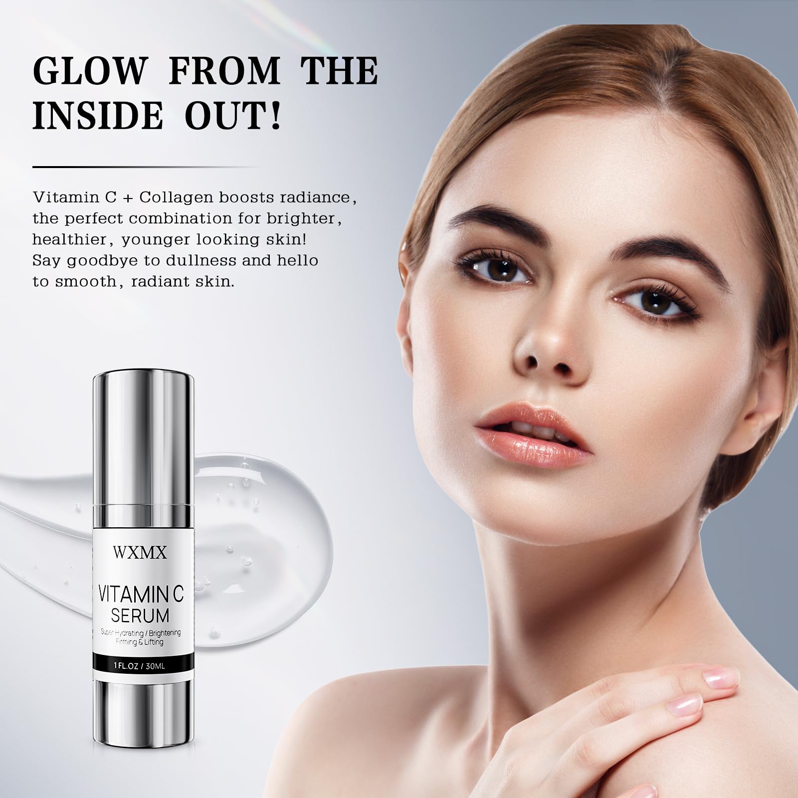 WXMX serum being applied to skin for a hydrated, luminous look.