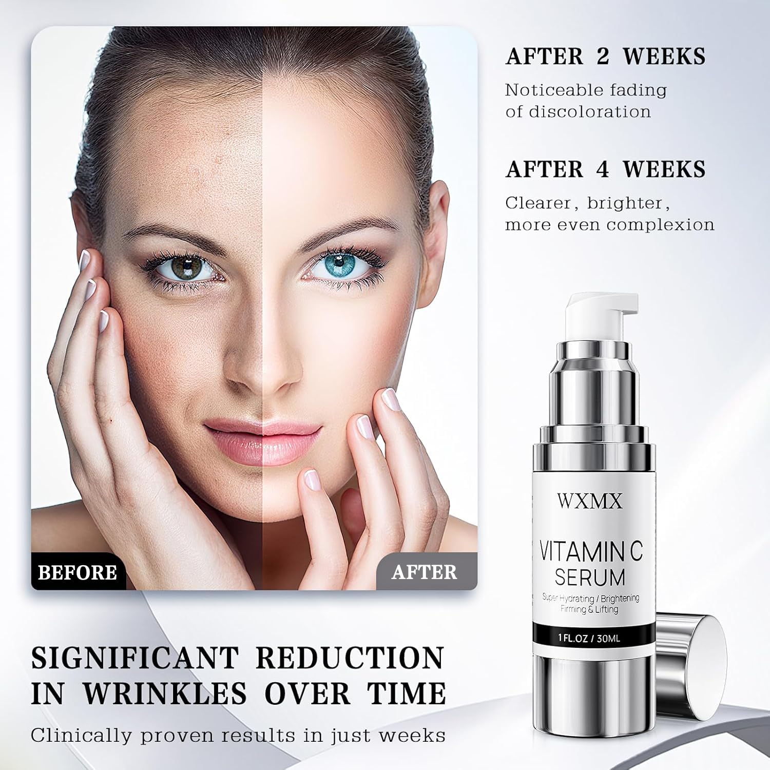 Close-up of WXMX dropper releasing serum for quick absorption.