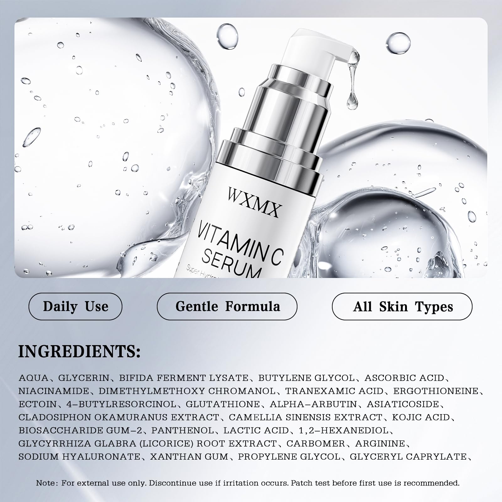 Back of WXMX serum label with usage directions and key active ingredients.