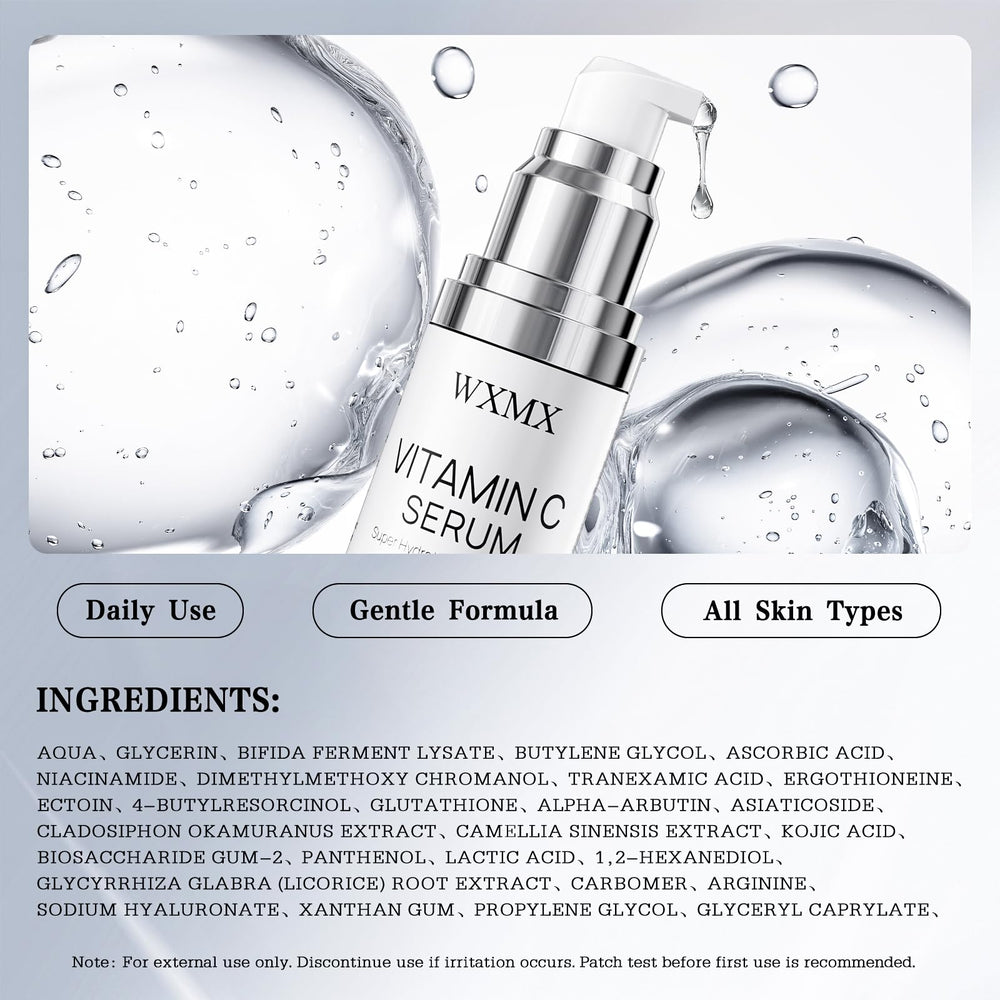 Back of WXMX serum label with usage directions and key active ingredients.