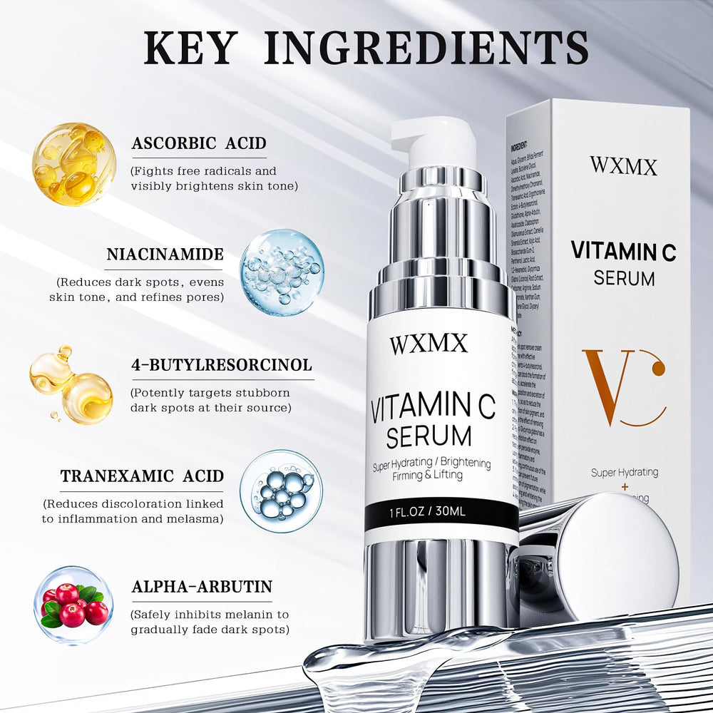 Texture close-up of WXMX vitamin C serum showing light, non-greasy finish.