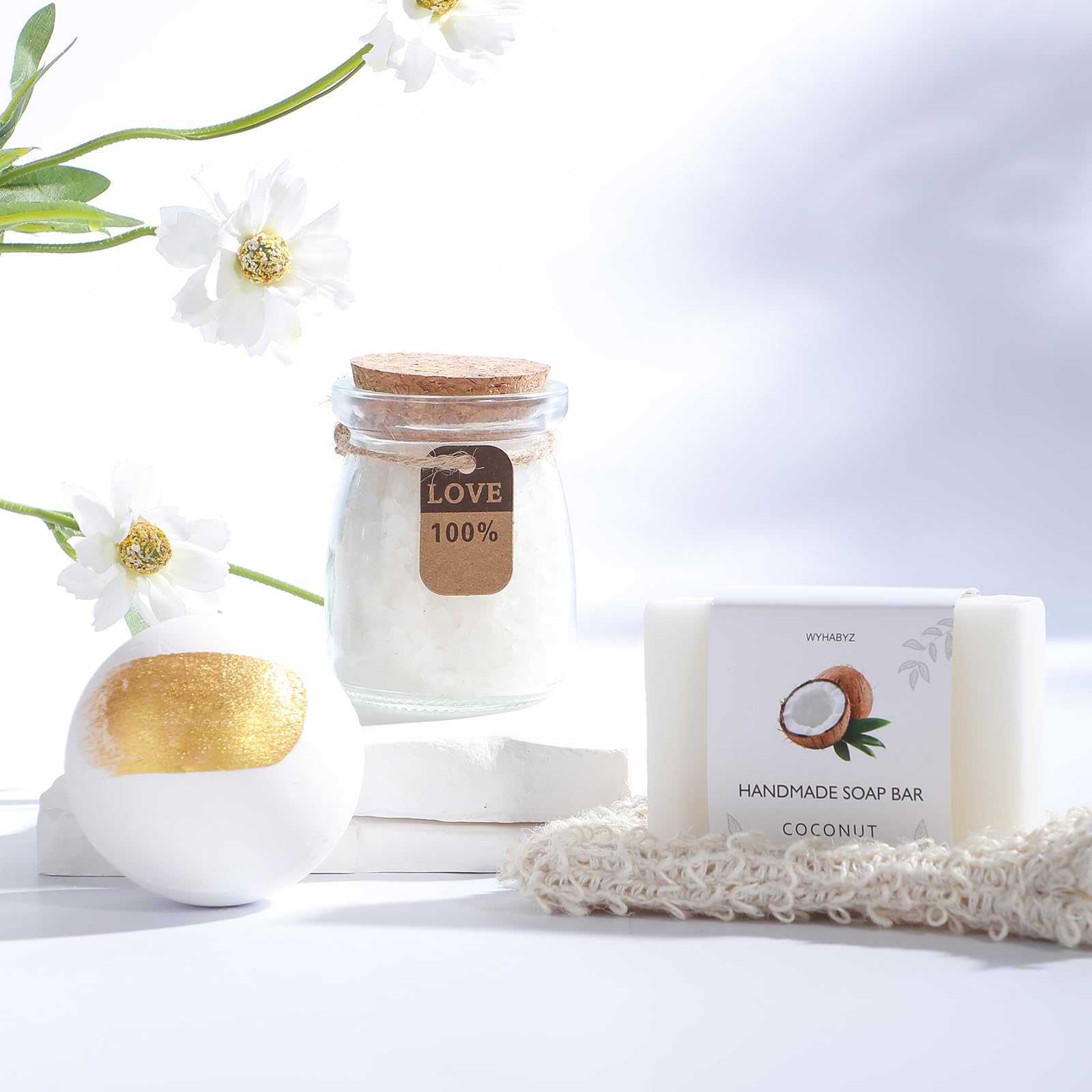 WYHABYZ Coconut Spa Gift Box bath bomb creates a relaxing bath ritual.