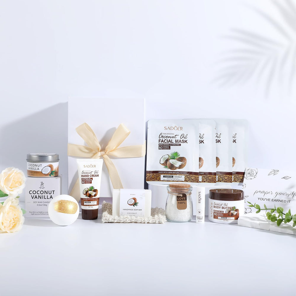WYHABYZ Coconut Spa Gift Box face masks deliver hydration for glowing skin.