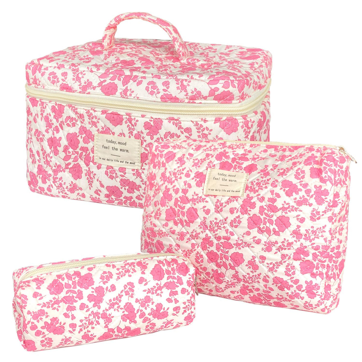 WYJ pink quilted floral makeup bag set large shows spacious interior for easy travel organization.