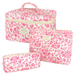 WYJ pink quilted floral makeup bag set large shows spacious interior for easy travel organization.