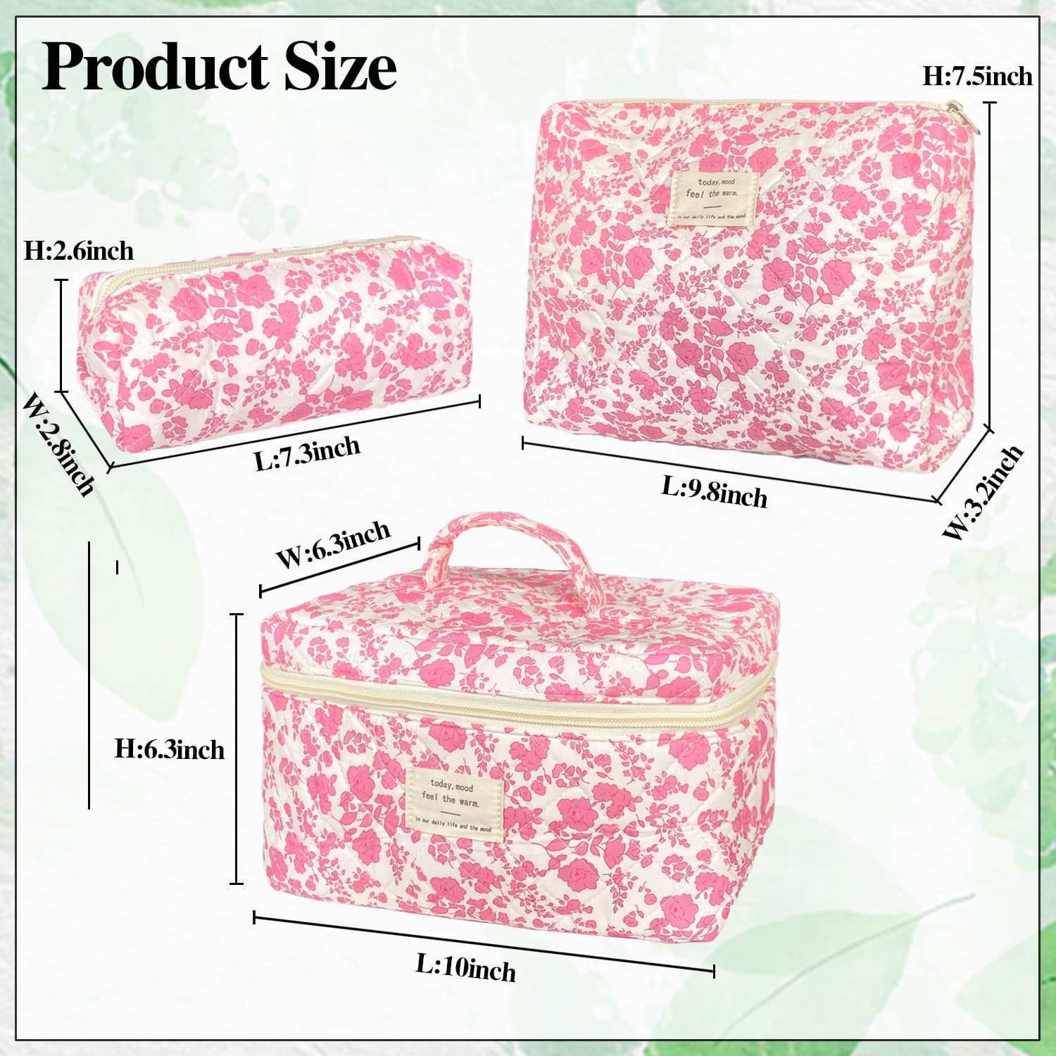 WYJ pink quilted floral makeup bag set small perfect for purse essentials and touch-up kits.