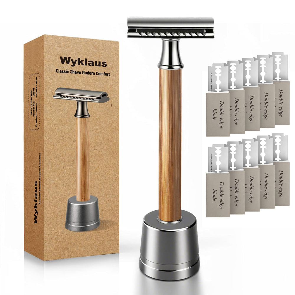 Wyklaus double-edge razor head close-up for a precise shave.
