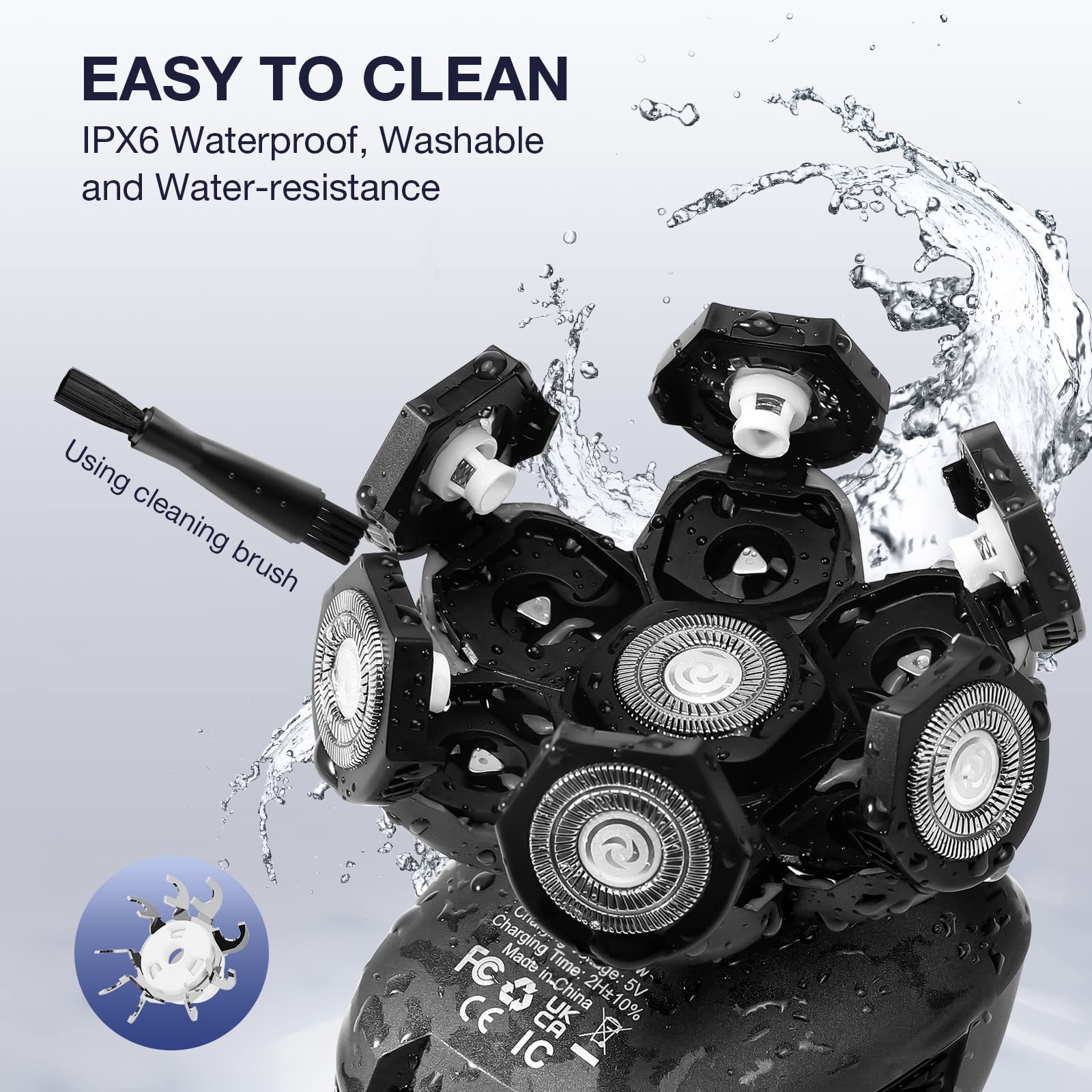 Wyklaus IPX6 waterproof shaver supports wet and dry shaving in any setting.