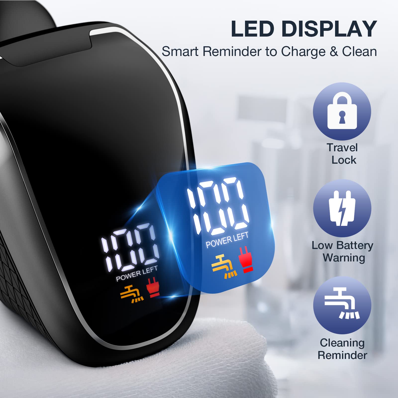 Wyklaus shaver LED display shows battery level for planned grooming.
