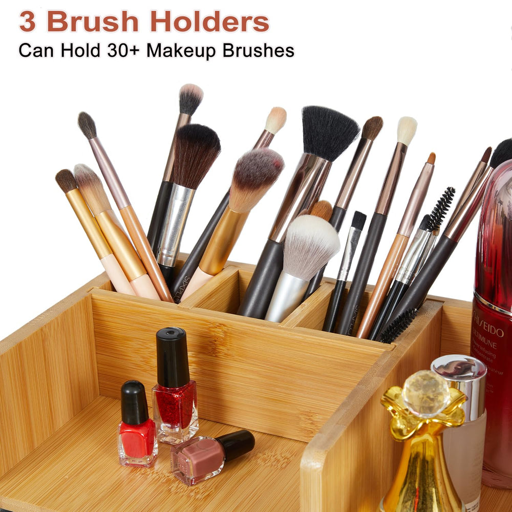 X-cosrack seven-compartment layout for palettes and serums on a tidy vanity.