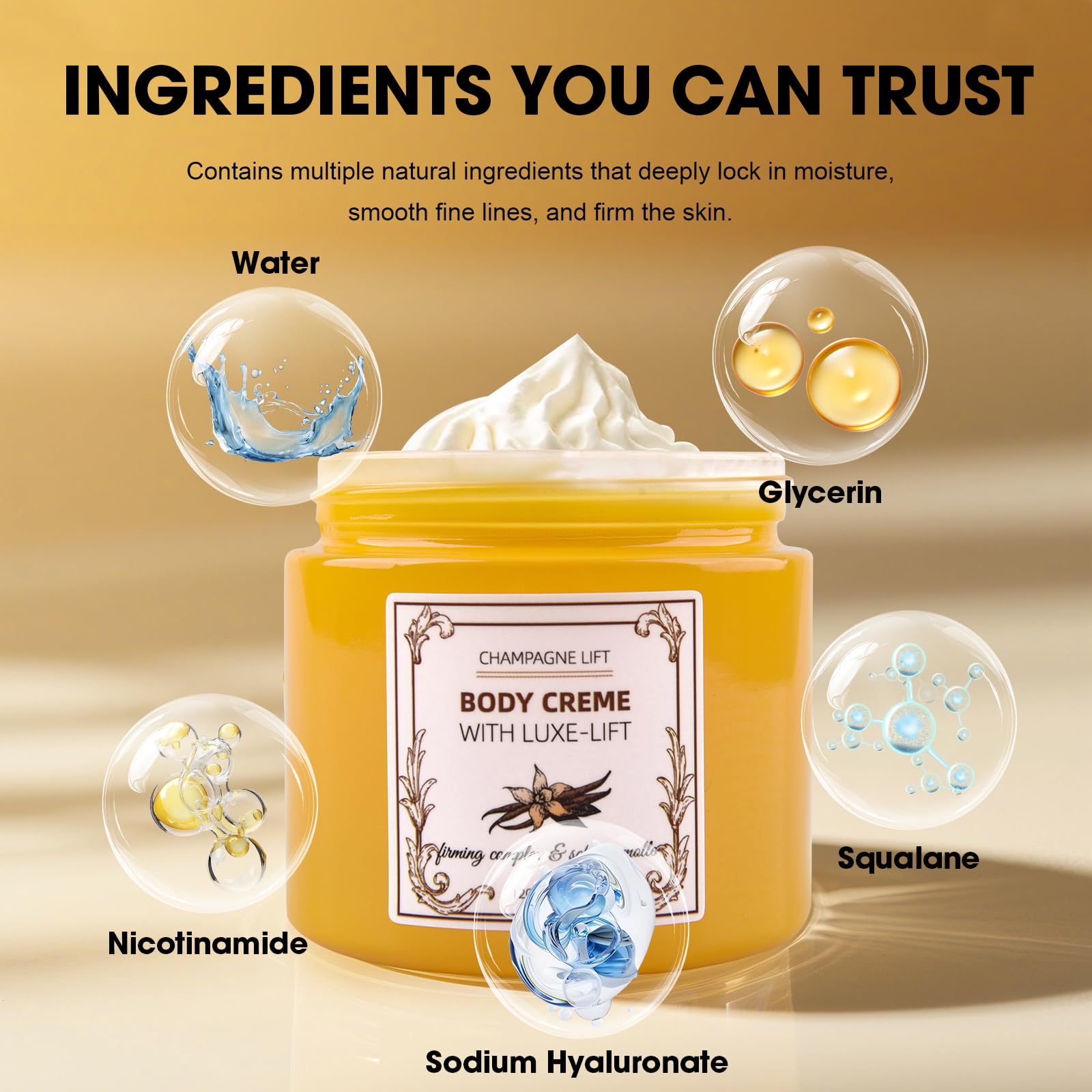 Xaninp Champagne Body Cream applied to hands for soft, moisturized skin