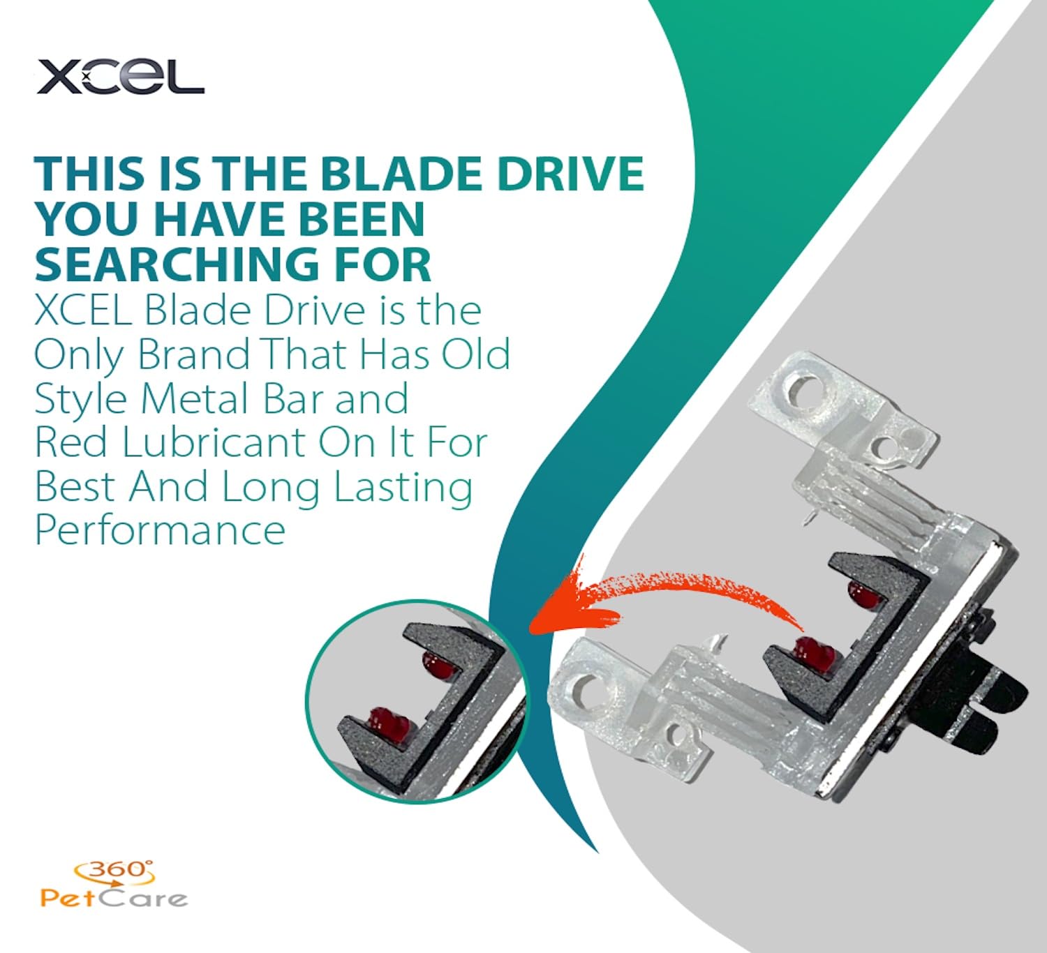XCEL lubricated blade-drive closeup highlights red lubricant for smooth clipping.