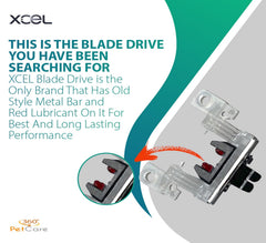 XCEL lubricated blade-drive closeup highlights red lubricant for smooth clipping.