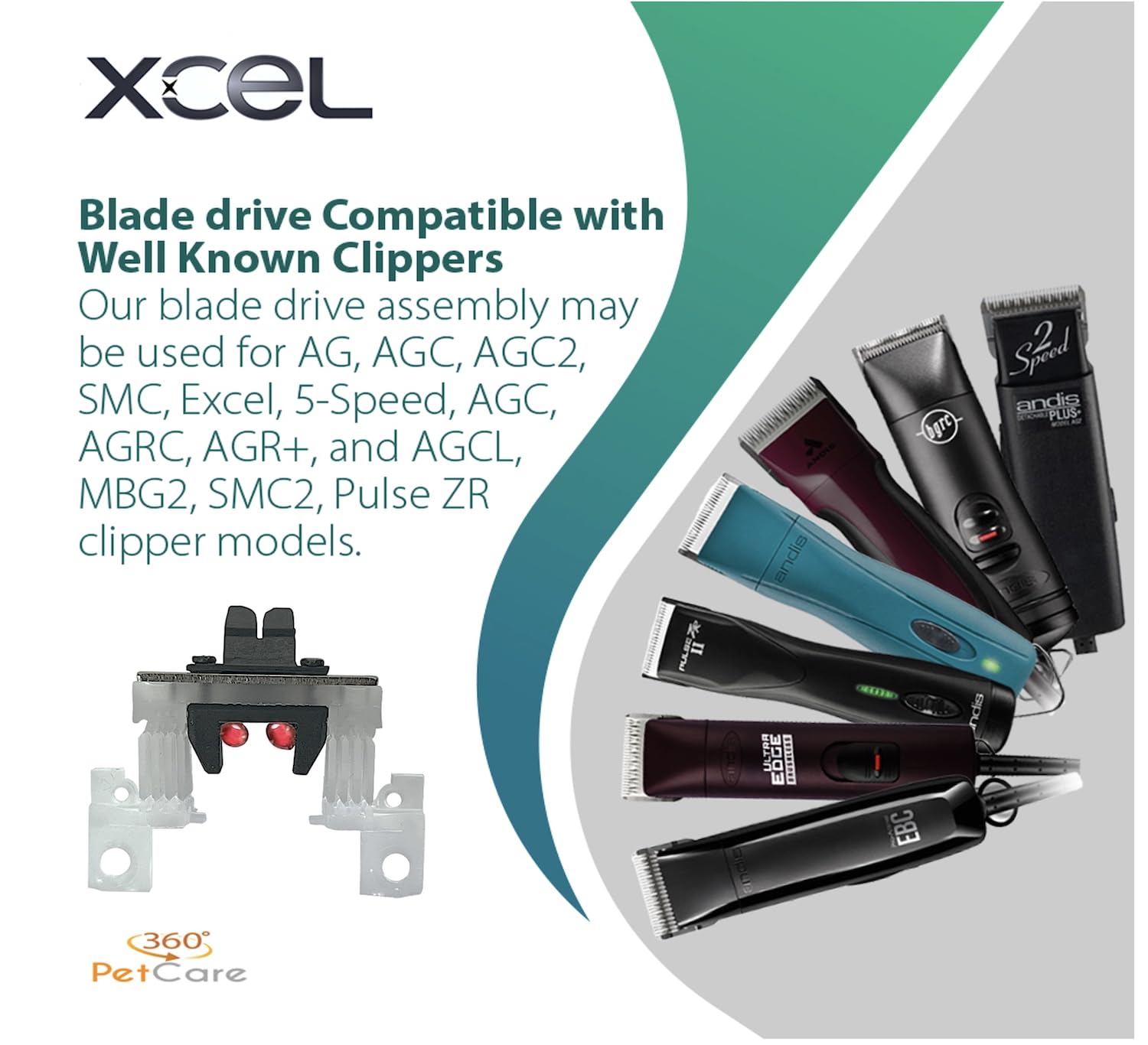 XCEL metal-bar detail emphasizes rugged construction and stable drive for heavy fur.