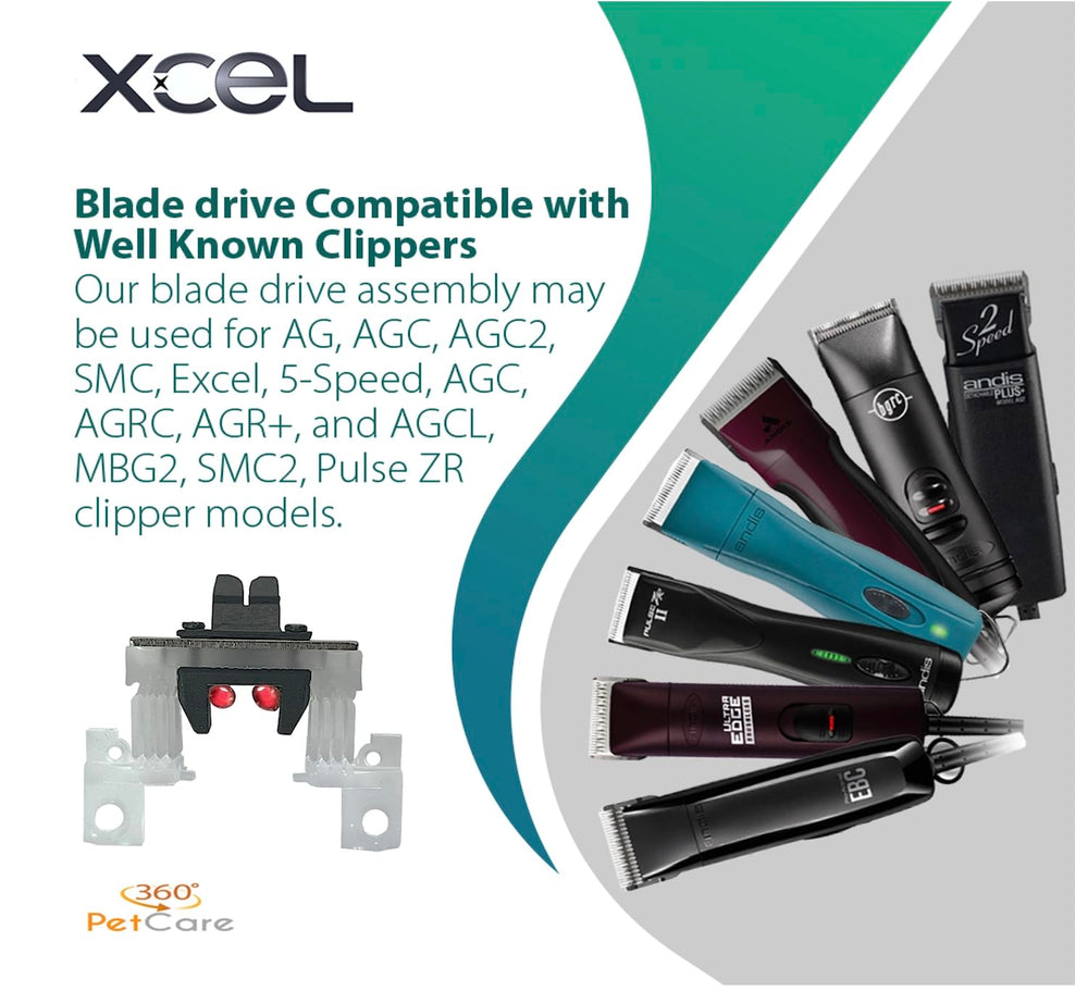 XCEL metal-bar detail emphasizes rugged construction and stable drive for heavy fur.