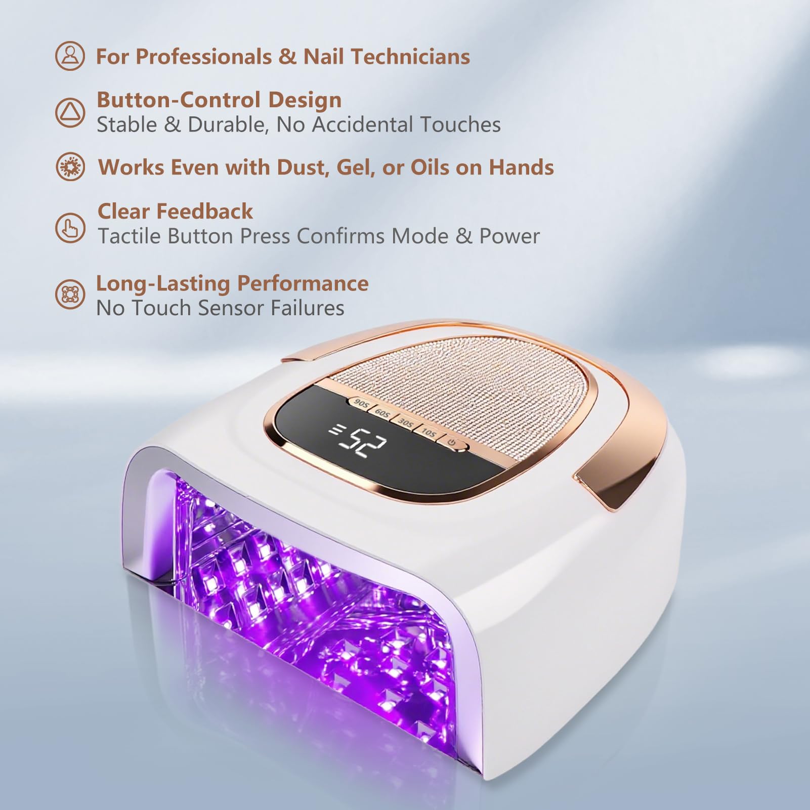 XCVPL timing options show 10/30/60/90s for precise gel curing.