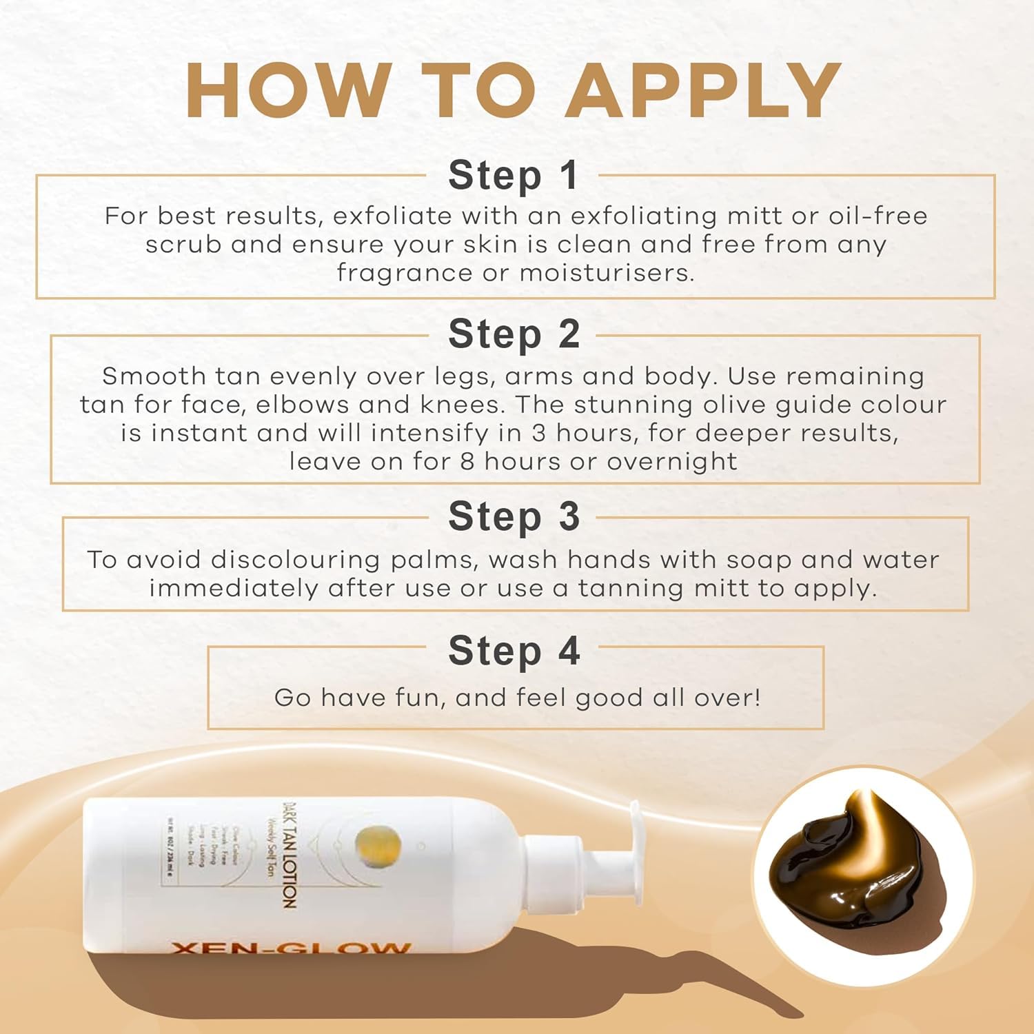 XEN-GLOW fast-drying self-tanner with mitt enables clean application.
