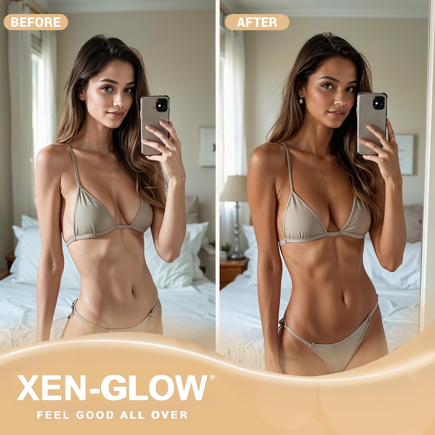 XEN-GLOW instant olive glow application shows quick, streak-free results.