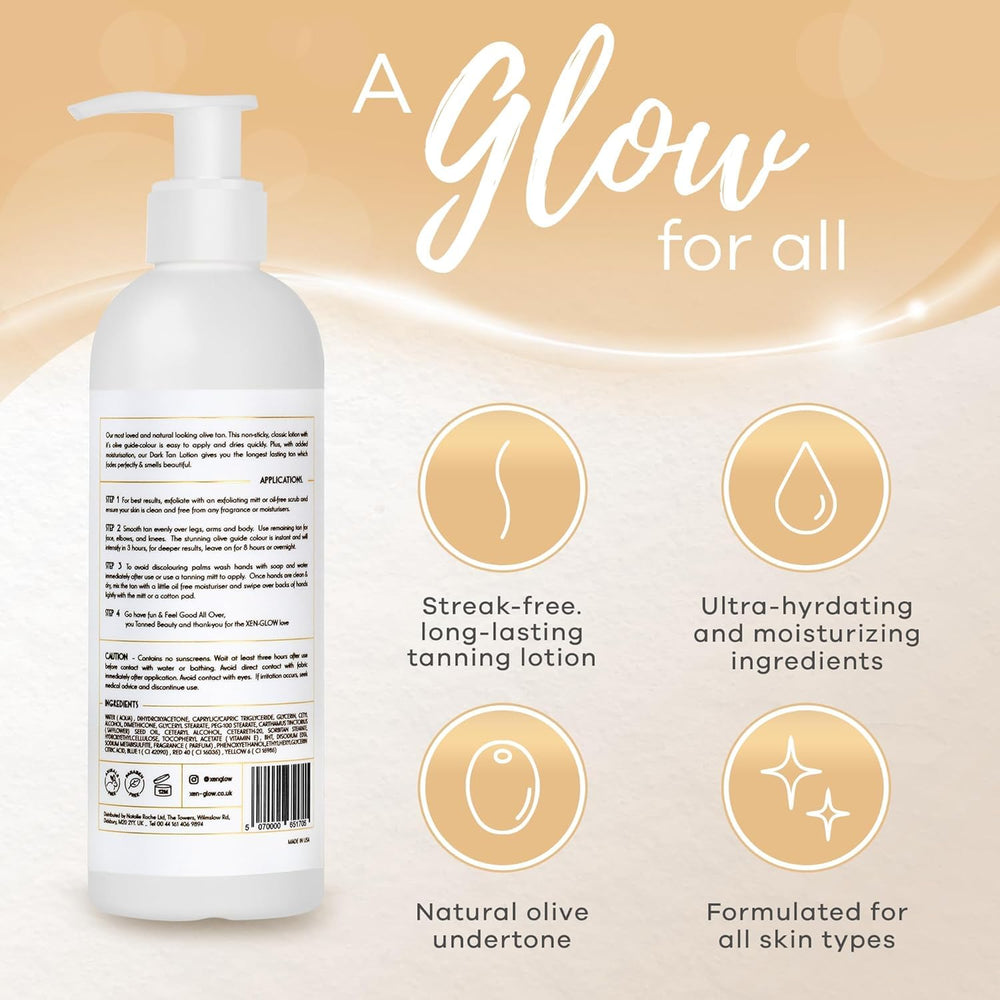 XEN-GLOW streak-free tan provides smooth coverage on arms, legs, and face.