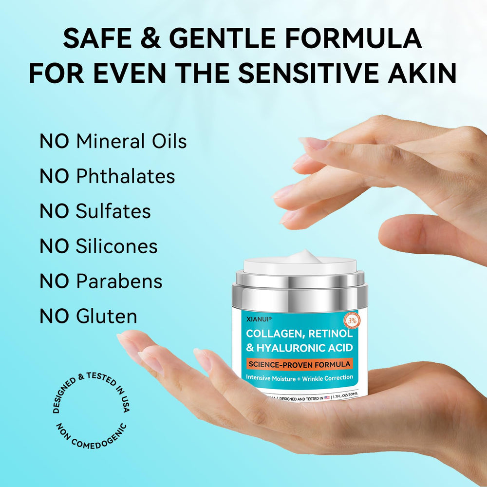 XIANUI retinol-collagen-hyaluronic face cream shown for day and night use routine