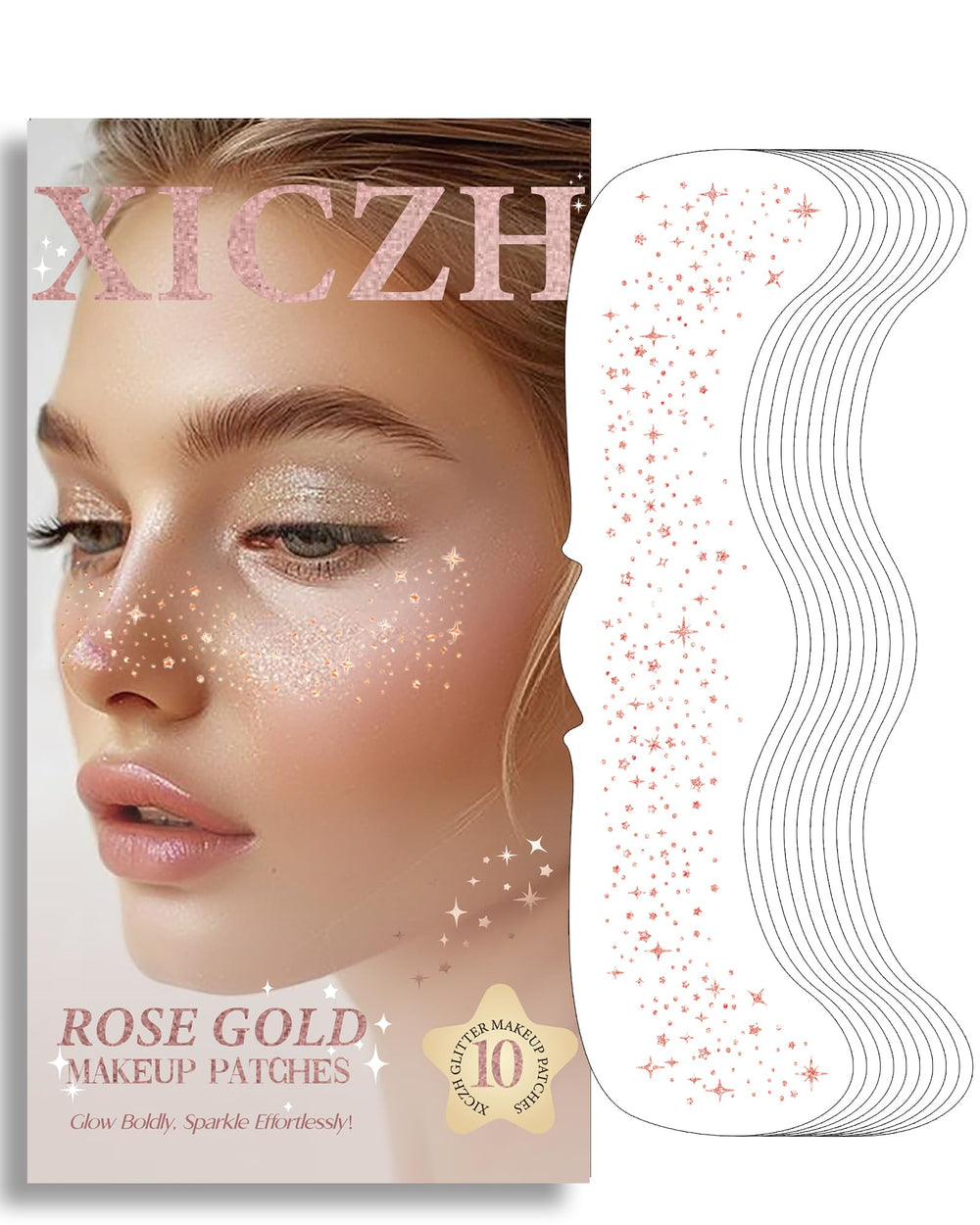 XICZH face glitter rose gold tattoos pack adds long-lasting festival sparkle.