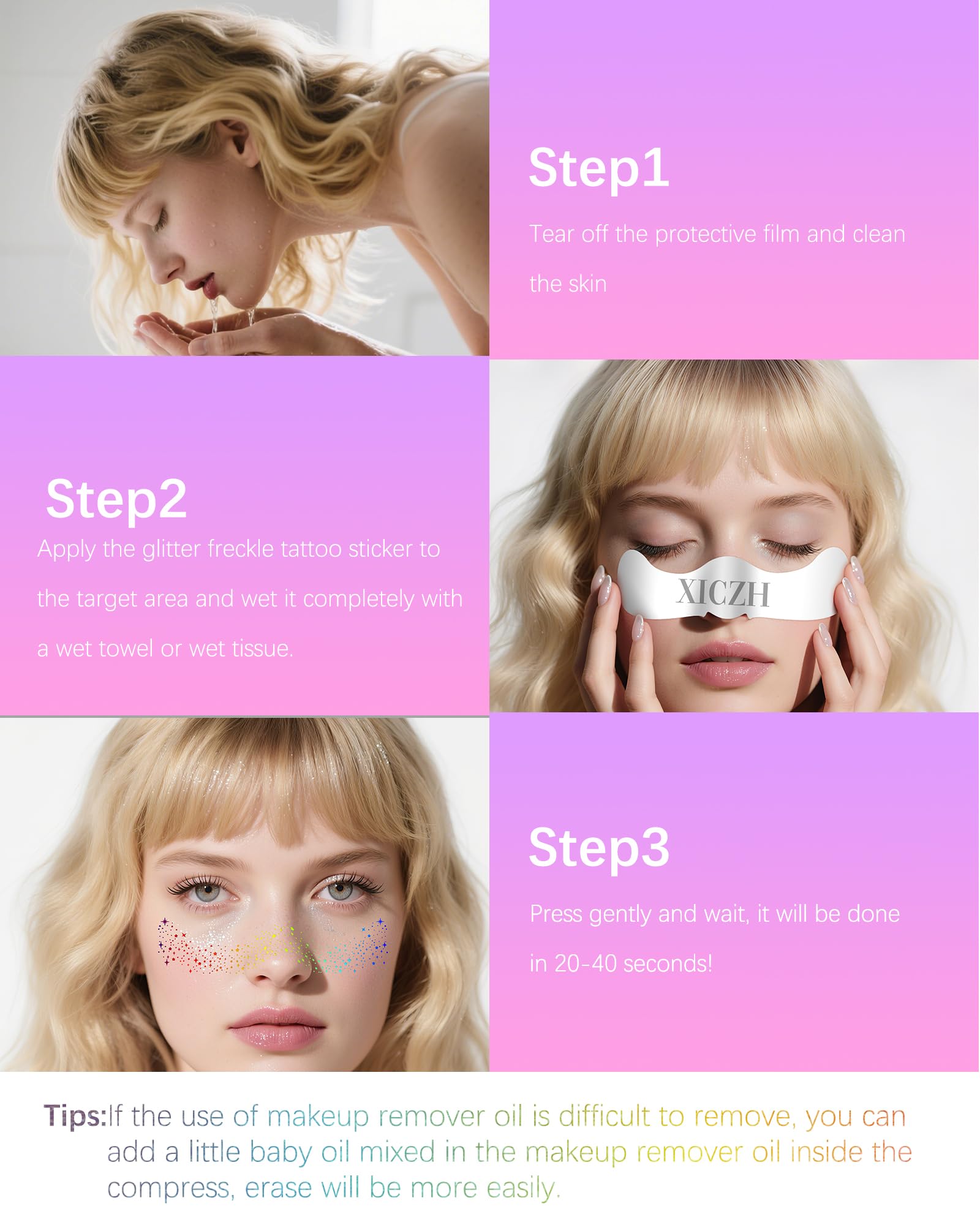 XICZH sparkle face tattoos easy application, peel and stick for quick looks