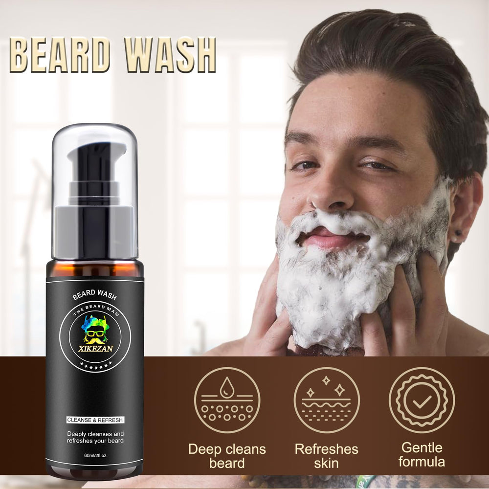 Xikezan beard oil bottle highlighting deep conditioning and tame frizz.