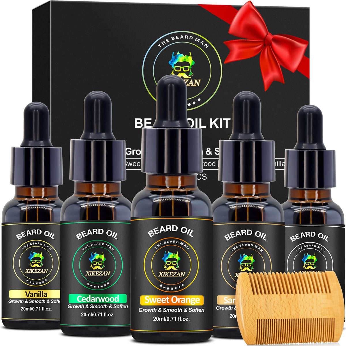 XIKEZAN beard oil set sandalwood bottle pour for calm, woody grooming.