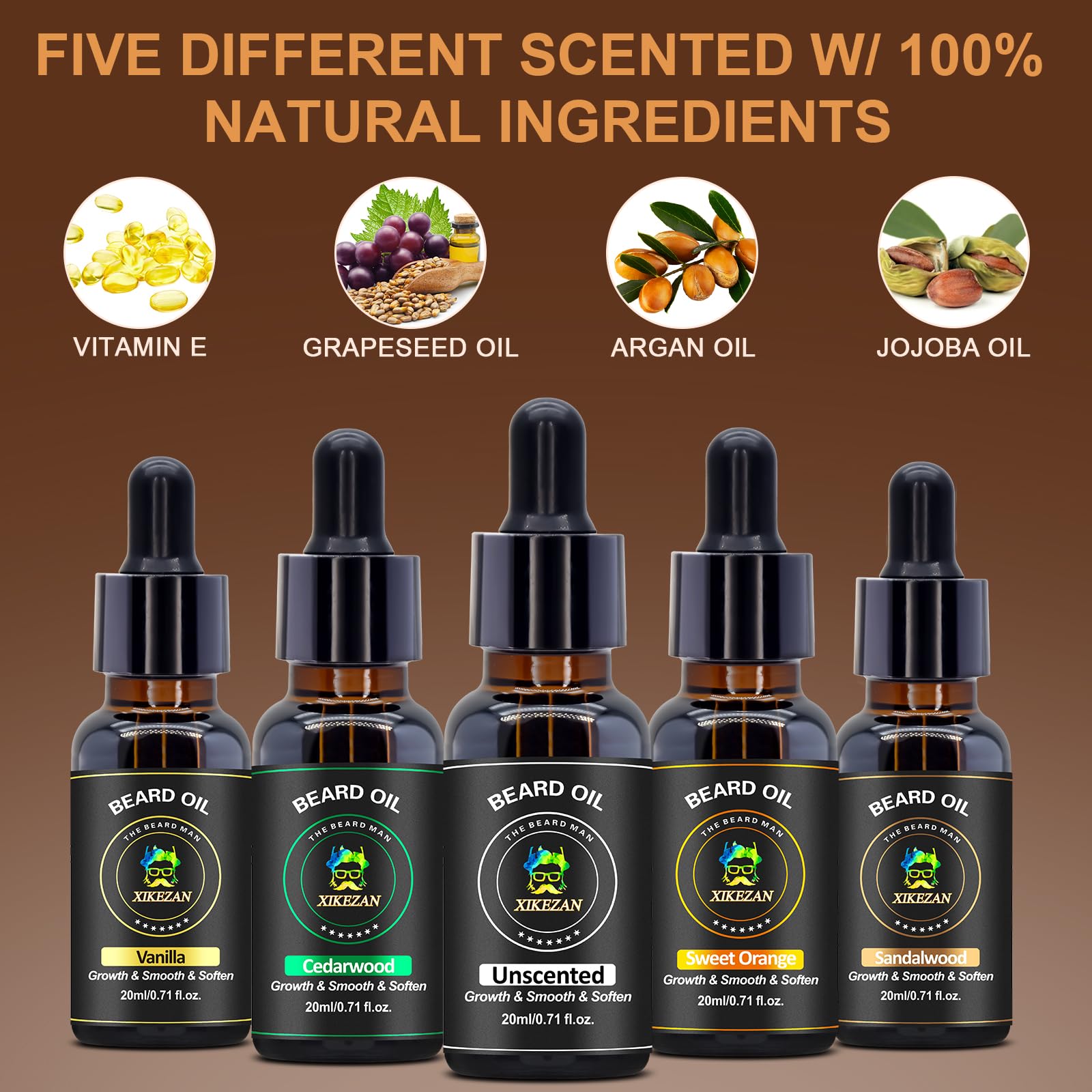 XIKEZAN beard oil set vanilla bottle pour for warm, romantic softness.